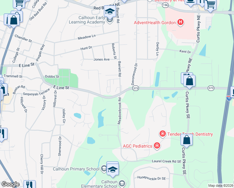 map of restaurants, bars, coffee shops, grocery stores, and more near 203 Montclair Drive in Calhoun