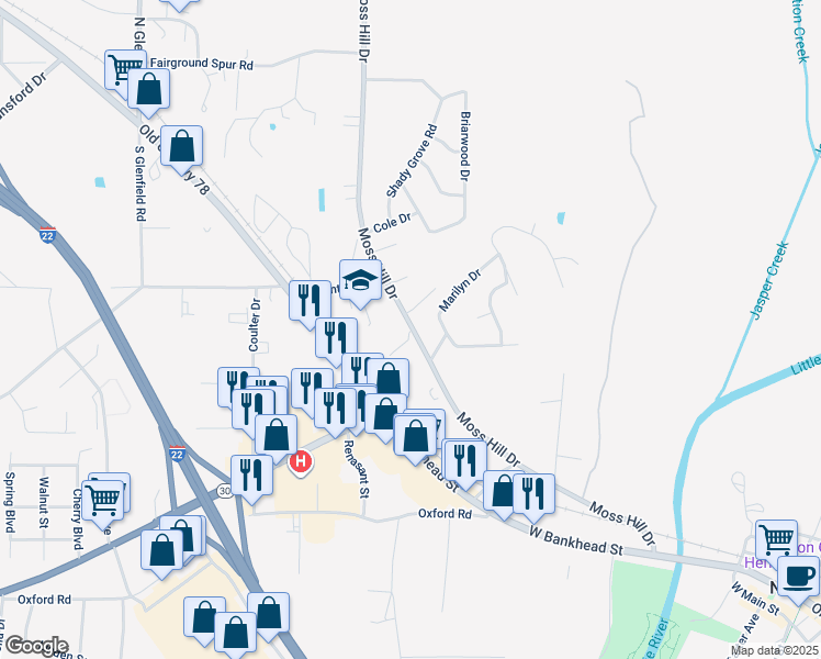 map of restaurants, bars, coffee shops, grocery stores, and more near 704 Moss Hill Drive in New Albany