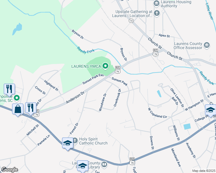 map of restaurants, bars, coffee shops, grocery stores, and more near 123 Woodview Drive in Laurens