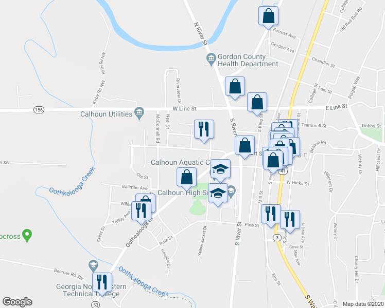map of restaurants, bars, coffee shops, grocery stores, and more near 607 Oothcalooga Street in Calhoun