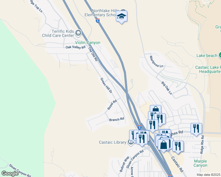 map of restaurants, bars, coffee shops, grocery stores, and more near 32152 Green Hill Drive in Castaic