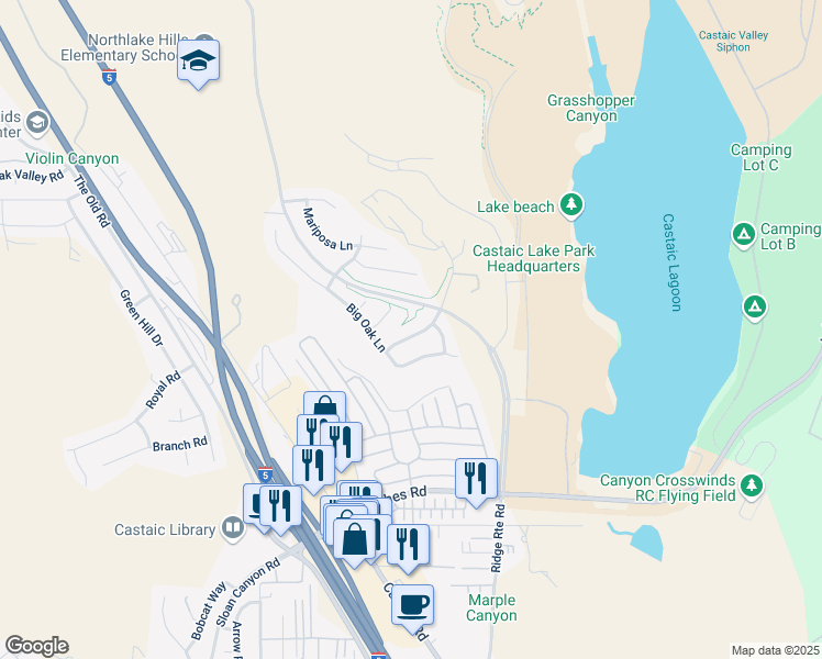 map of restaurants, bars, coffee shops, grocery stores, and more near 27641 Elk Ridge Road in Castaic