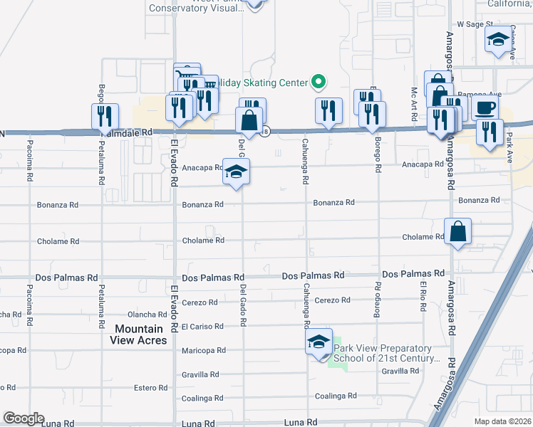 map of restaurants, bars, coffee shops, grocery stores, and more near 14743 Bonanza Road in Victorville