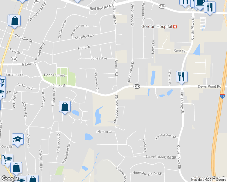 map of restaurants, bars, coffee shops, grocery stores, and more near 203 Montclair Drive in Calhoun