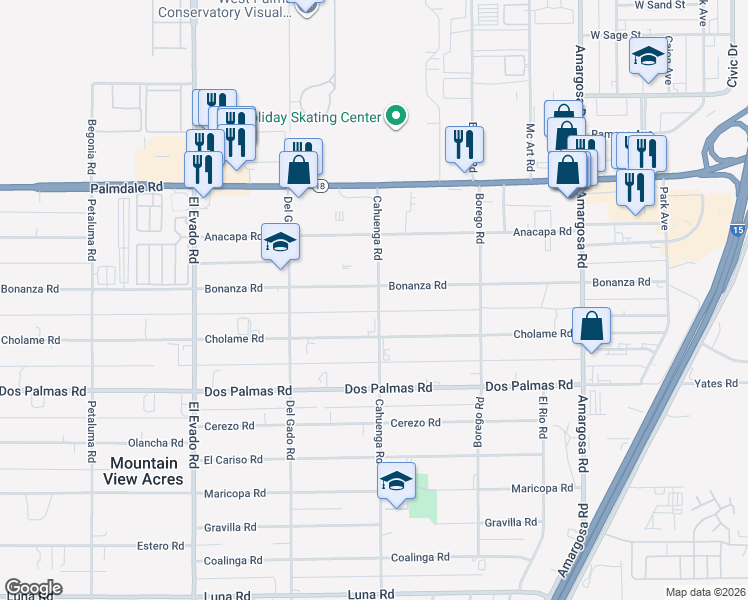 map of restaurants, bars, coffee shops, grocery stores, and more near 14856 Bonanza Road in Victorville