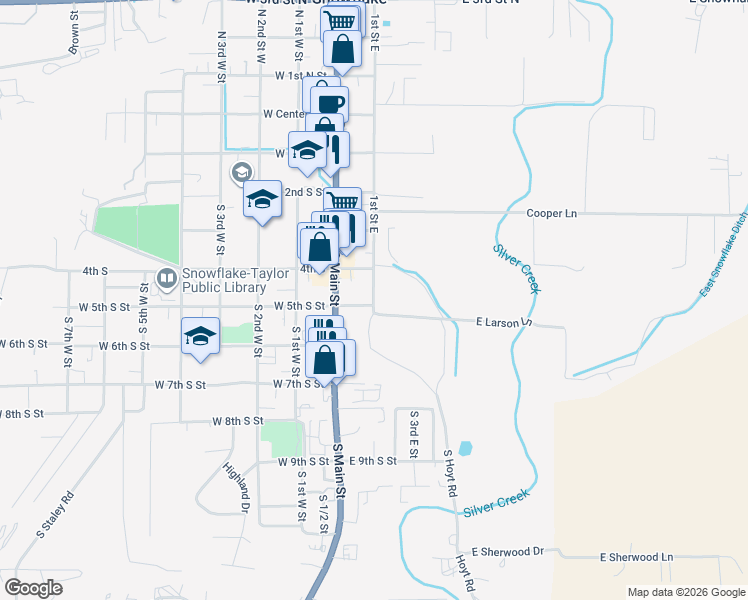 map of restaurants, bars, coffee shops, grocery stores, and more near 418 1st Street East in Snowflake