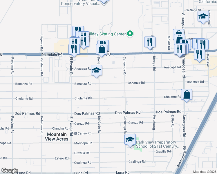 map of restaurants, bars, coffee shops, grocery stores, and more near 14741 Bonanza Road in Victorville