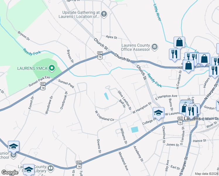 map of restaurants, bars, coffee shops, grocery stores, and more near 216 Bail Drive in Laurens