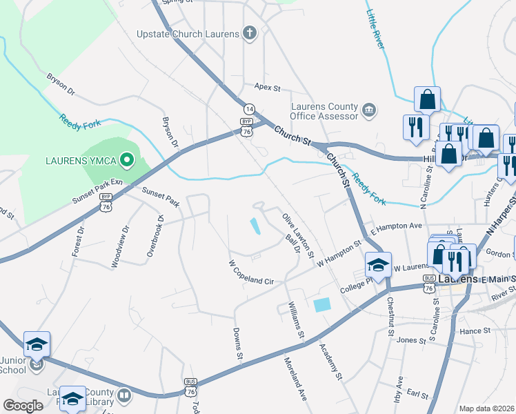 map of restaurants, bars, coffee shops, grocery stores, and more near 216 Bail Drive in Laurens