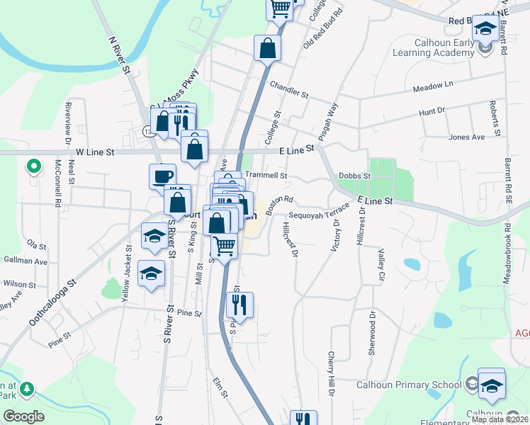 map of restaurants, bars, coffee shops, grocery stores, and more near 110 Boston Road in Calhoun