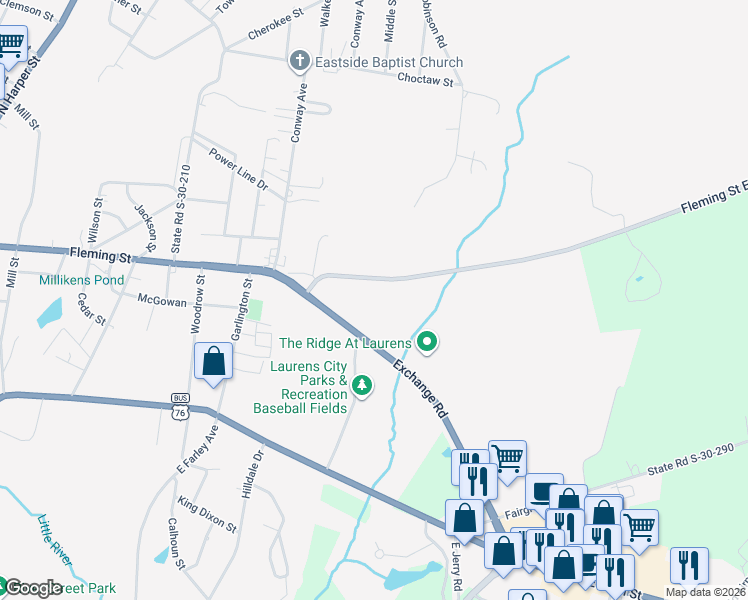 map of restaurants, bars, coffee shops, grocery stores, and more near 804-806 State Road S-30-53 in Laurens