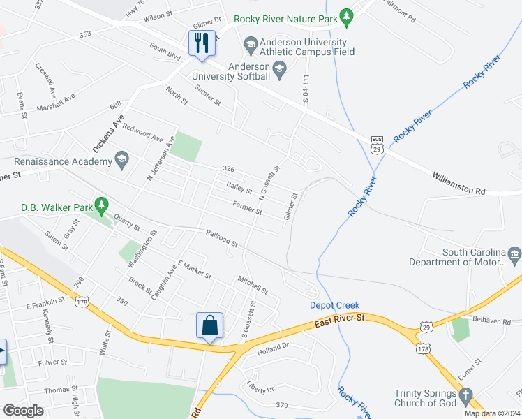 map of restaurants, bars, coffee shops, grocery stores, and more near 201 Farmer Street in Anderson