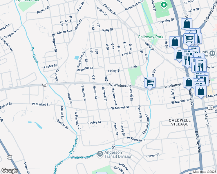 map of restaurants, bars, coffee shops, grocery stores, and more near 1041 West Whitner Street in Anderson