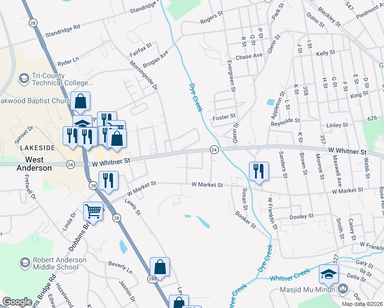 map of restaurants, bars, coffee shops, grocery stores, and more near 2012a West Whitner Street in Anderson