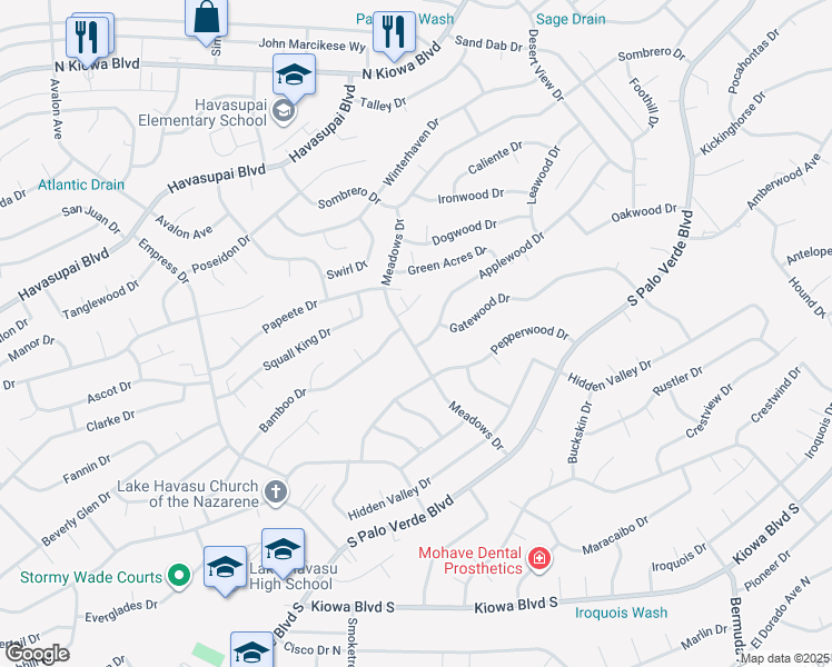 map of restaurants, bars, coffee shops, grocery stores, and more near 2935 Applewood Drive in Lake Havasu City