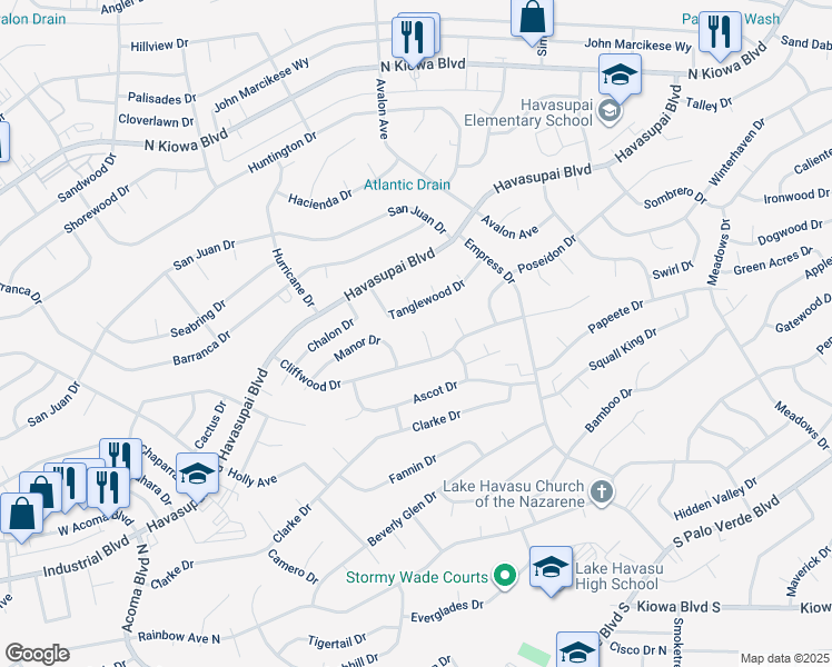 map of restaurants, bars, coffee shops, grocery stores, and more near 2581 Cliffwood Court in Lake Havasu City