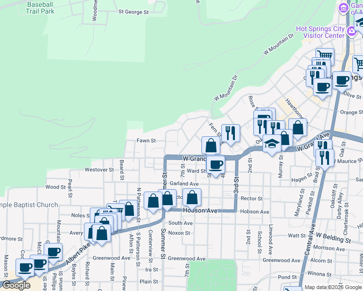 map of restaurants, bars, coffee shops, grocery stores, and more near 228 Pecan Street in Hot Springs