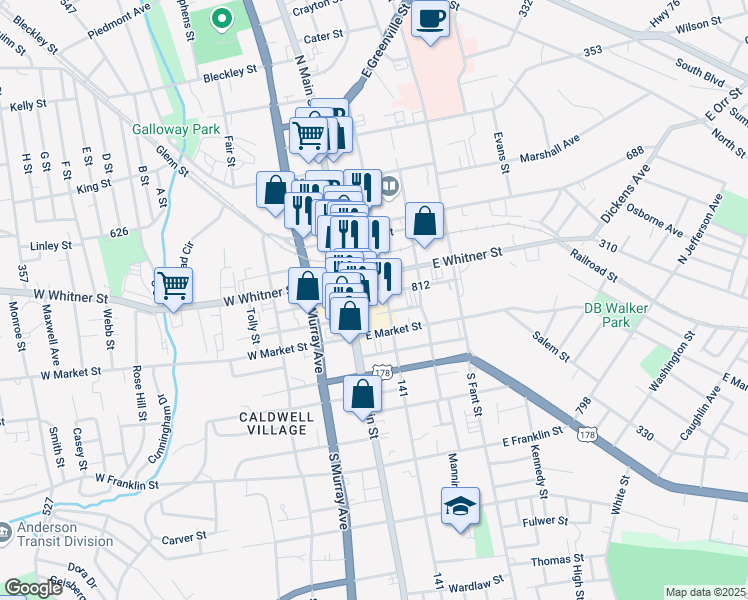 map of restaurants, bars, coffee shops, grocery stores, and more near 207 141 in Anderson