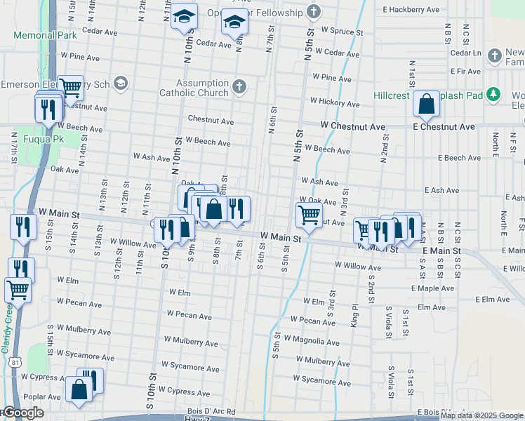 map of restaurants, bars, coffee shops, grocery stores, and more near 107 North 6th Street in Duncan