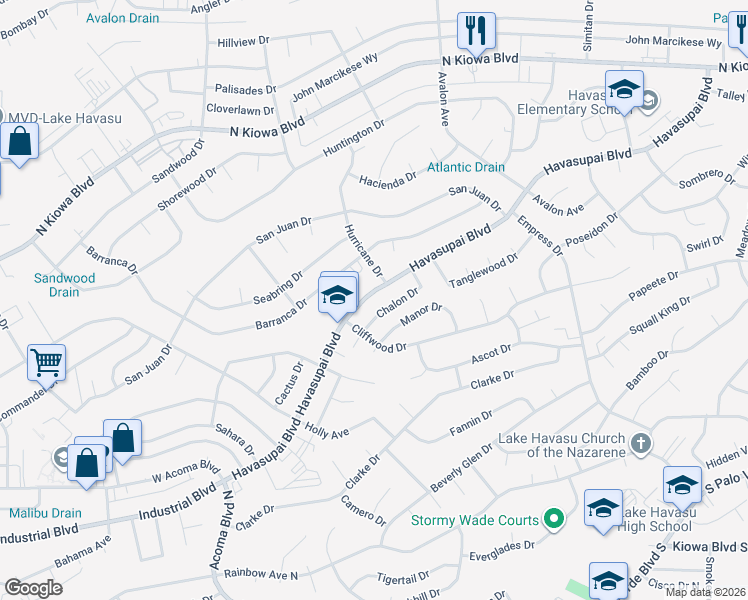 map of restaurants, bars, coffee shops, grocery stores, and more near 2466 Havasupai Boulevard in Lake Havasu City