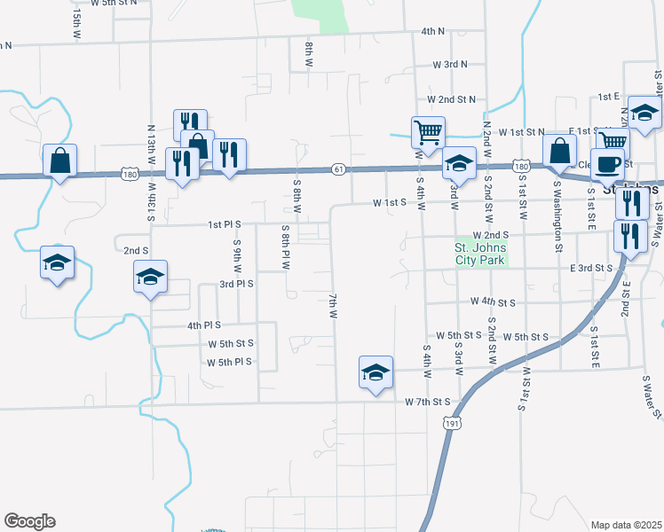 map of restaurants, bars, coffee shops, grocery stores, and more near 229 7th West in St. Johns