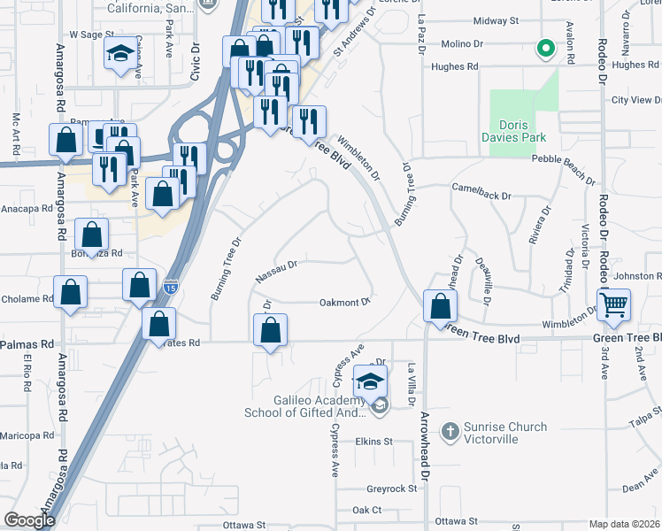 map of restaurants, bars, coffee shops, grocery stores, and more near 15899 Nassau Drive in Victorville
