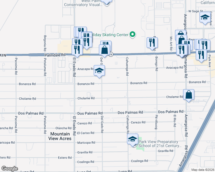 map of restaurants, bars, coffee shops, grocery stores, and more near 14741 Bonanza Road in Victorville