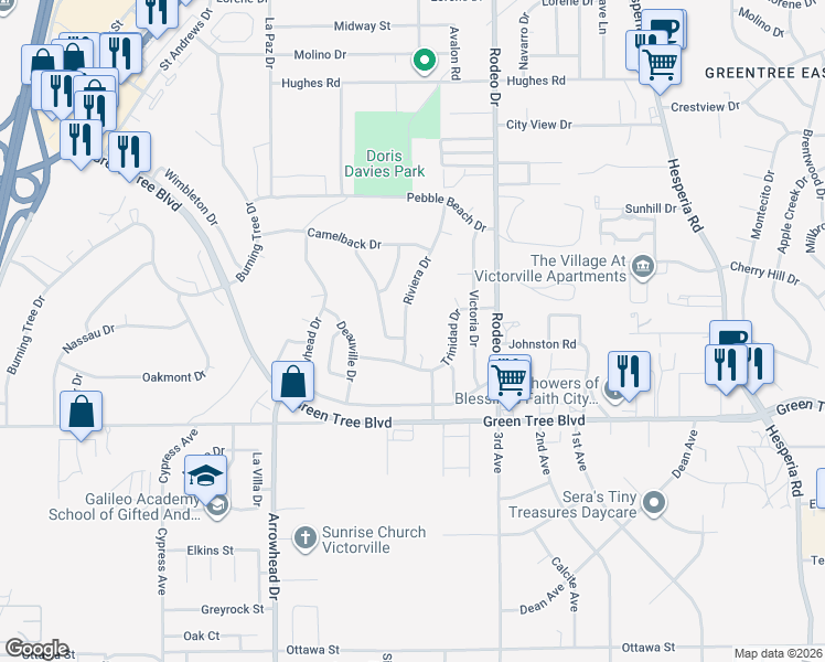 map of restaurants, bars, coffee shops, grocery stores, and more near 13829 Riviera Drive in Victorville