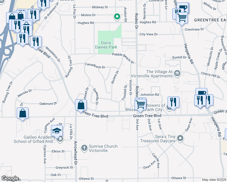 map of restaurants, bars, coffee shops, grocery stores, and more near 13829 Riviera Drive in Victorville