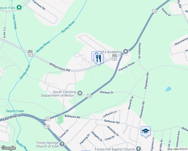 map of restaurants, bars, coffee shops, grocery stores, and more near 107 Chastain Road in Anderson