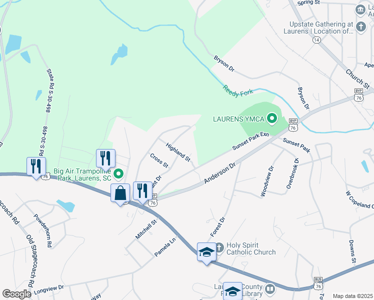 map of restaurants, bars, coffee shops, grocery stores, and more near 103 Hummingbird Lane in Laurens
