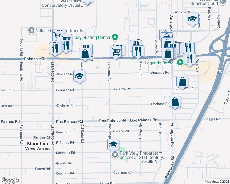 map of restaurants, bars, coffee shops, grocery stores, and more near 14941 Bonanza Road in Victorville