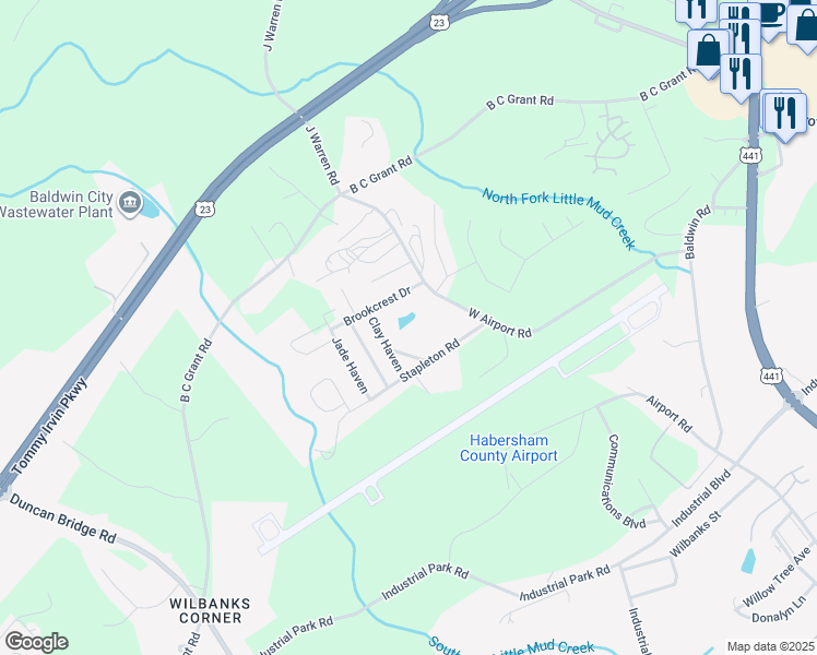 map of restaurants, bars, coffee shops, grocery stores, and more near 842 Meadow Creek Circle in Cornelia