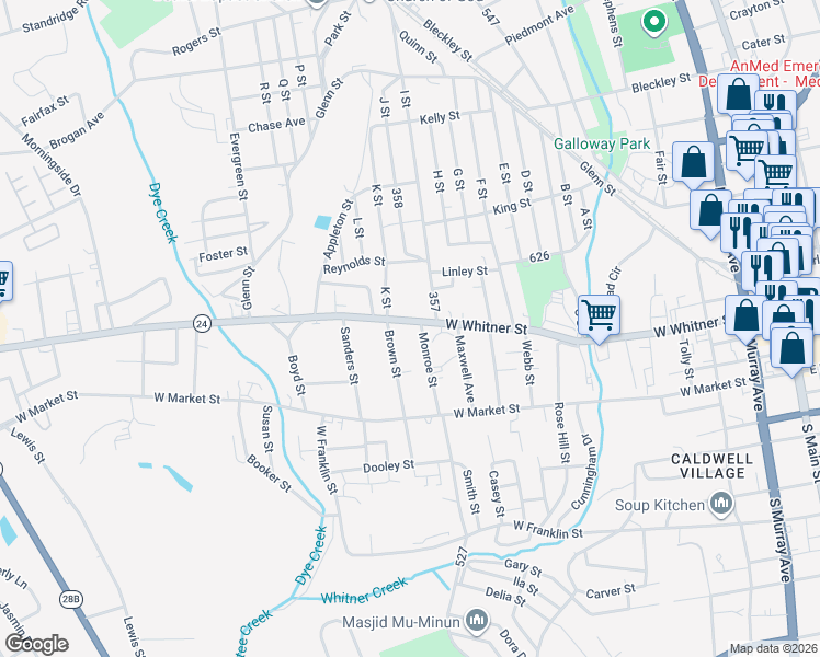 map of restaurants, bars, coffee shops, grocery stores, and more near 1205 West Whitner Street in Anderson