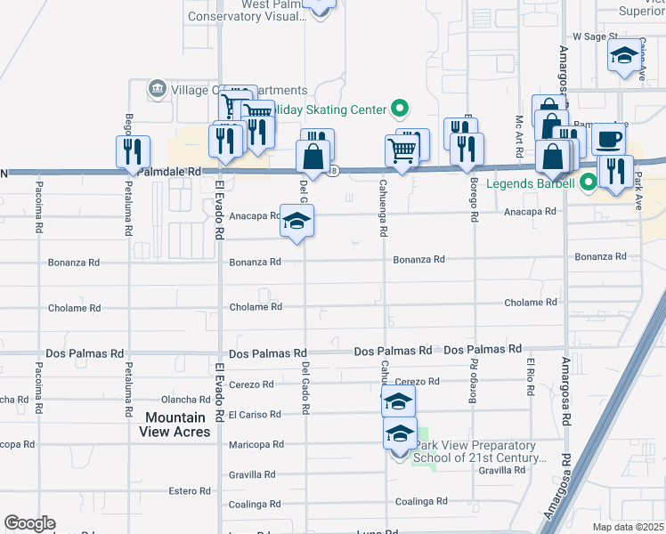 map of restaurants, bars, coffee shops, grocery stores, and more near 14743 Bonanza Road in Victorville