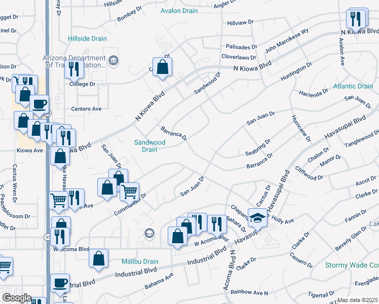 map of restaurants, bars, coffee shops, grocery stores, and more near 2188 Barranca Drive in Lake Havasu City