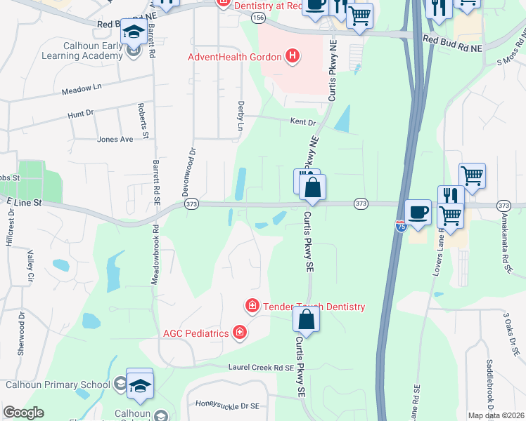 map of restaurants, bars, coffee shops, grocery stores, and more near 1111 Dews Pond Road in Calhoun