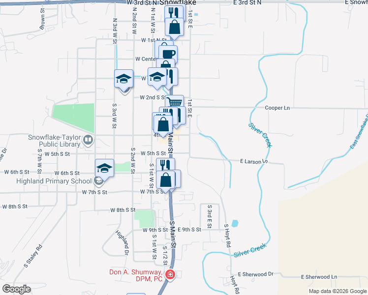 map of restaurants, bars, coffee shops, grocery stores, and more near 418 1st Street East in Snowflake