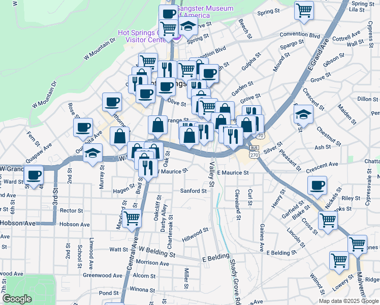 map of restaurants, bars, coffee shops, grocery stores, and more near 209 West Grand Avenue in Hot Springs