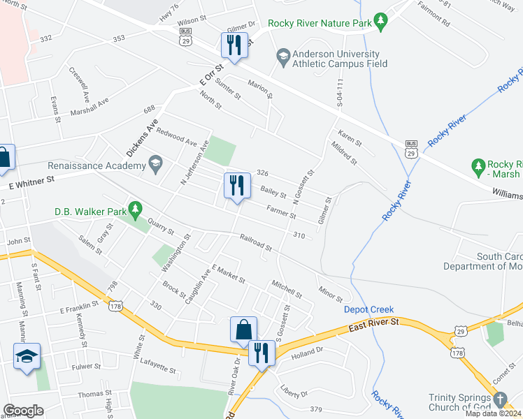 map of restaurants, bars, coffee shops, grocery stores, and more near 110 Farmer Street in Anderson