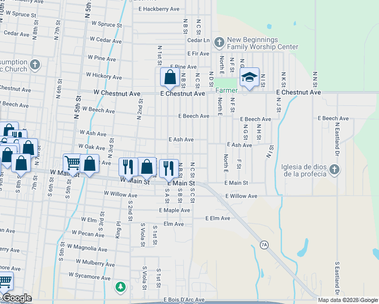 map of restaurants, bars, coffee shops, grocery stores, and more near 201 North C Street in Duncan
