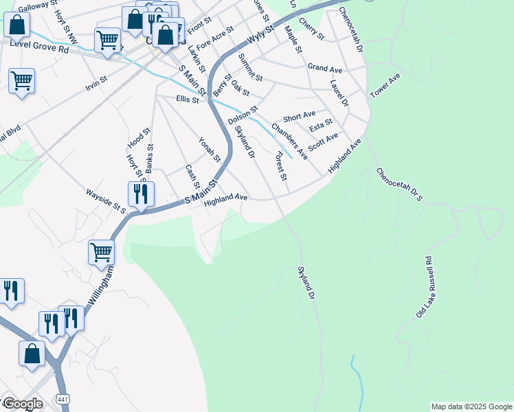 map of restaurants, bars, coffee shops, grocery stores, and more near 336 Highland Ave in Cornelia