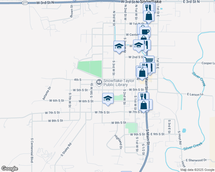map of restaurants, bars, coffee shops, grocery stores, and more near 463 S 4th Street West in Snowflake
