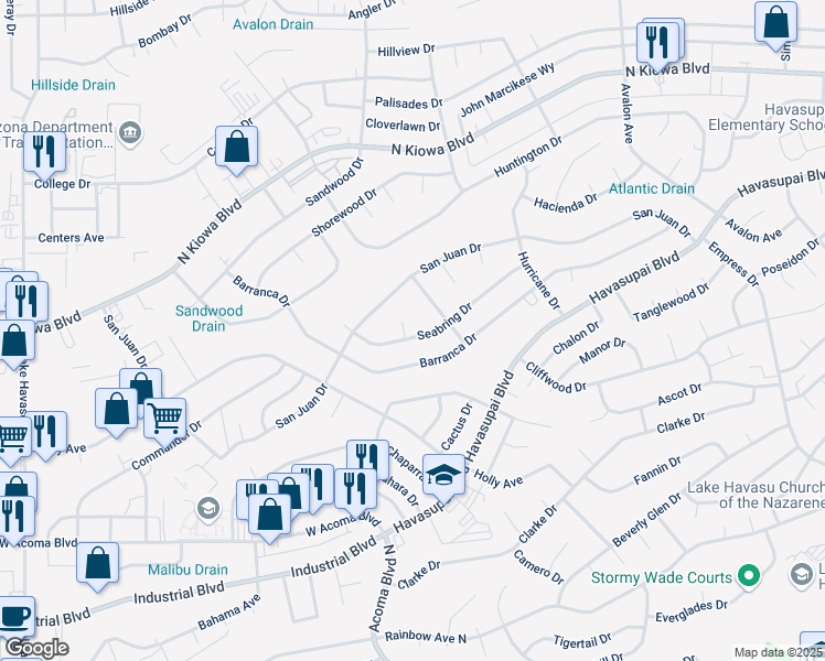 map of restaurants, bars, coffee shops, grocery stores, and more near 2317 Seabring Dr in Lake Havasu City