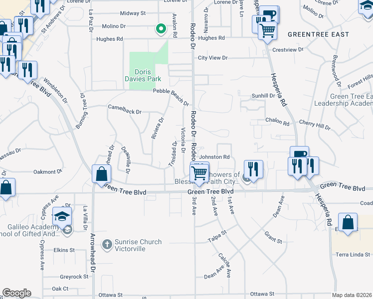map of restaurants, bars, coffee shops, grocery stores, and more near 13861 Victoria Drive in Victorville