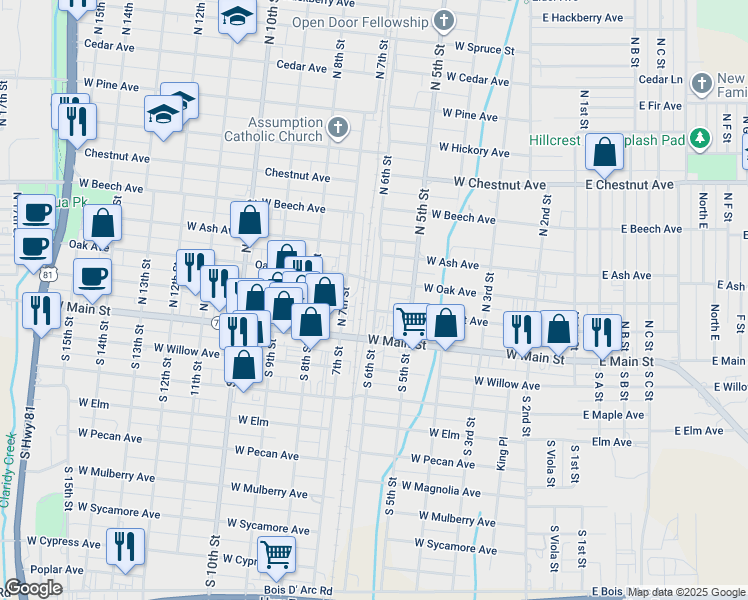 map of restaurants, bars, coffee shops, grocery stores, and more near 107 North 6th Street in Duncan