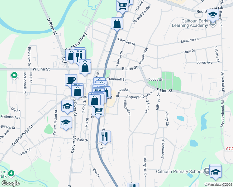 map of restaurants, bars, coffee shops, grocery stores, and more near 110 Boston Road in Calhoun