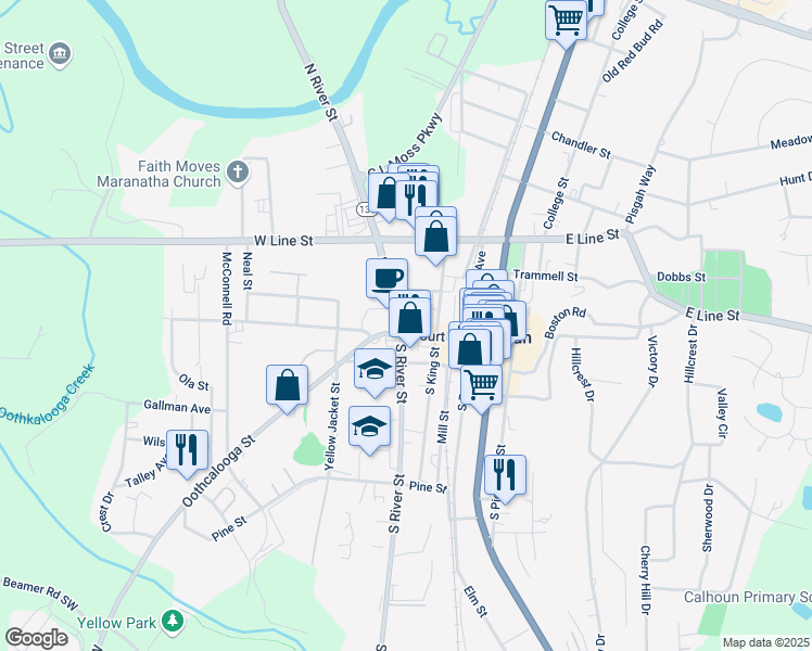 map of restaurants, bars, coffee shops, grocery stores, and more near 417 Court Street in Calhoun