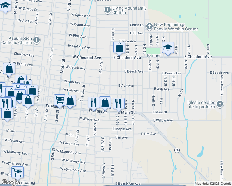 map of restaurants, bars, coffee shops, grocery stores, and more near 202 North A Street in Duncan