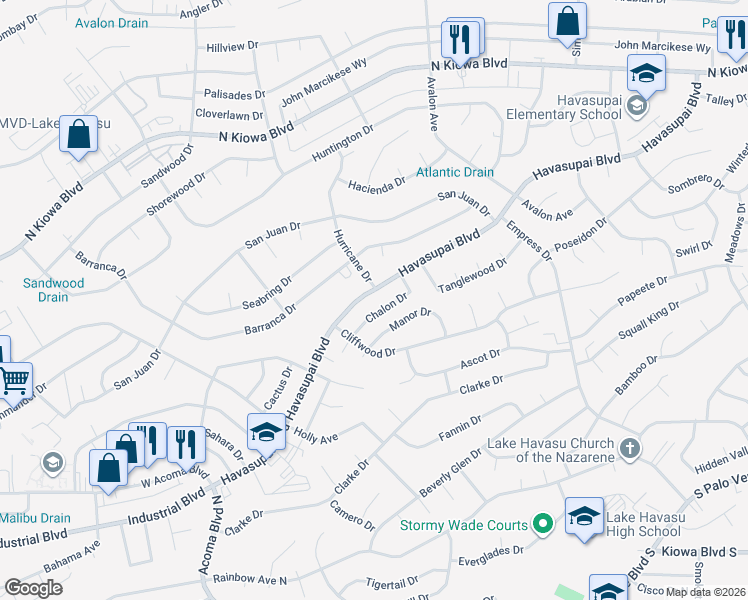 map of restaurants, bars, coffee shops, grocery stores, and more near 2466 Havasupai Boulevard in Lake Havasu City